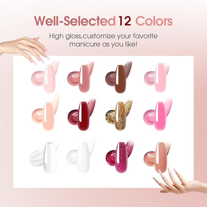 ROSALIND 12PCS Pink Brown Poly Nail Gel Kit with Mini Nail Lamp White Glitter Pink Poly Extension Gel Set-VivaGrace Women