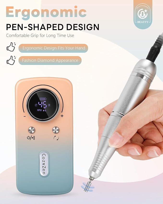 CozyZen Cordless Nail Drill Professional: 45000 RPM Rechargeable Electric Nail File Kit, Portable & Low Noise for Acrylic, Gel Nails, Manicure & Pedicure - Salon & Home Use-VivaGrace Women