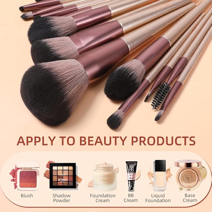 DUcare Makeup Brushes with Bag - 14Pcs Professional Synthetic Make Up Brushes Set for Blush Concealer Foundation Bronzer Powder Eyebrow Eyeshadow Blending Makeup Brush Set Mekaup bag, Rose Golden-VivaGrace Women