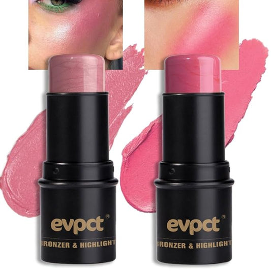 evpct 2Pcs Shimmer Pink Rose Cream Blush Stick for Cheeks Lips Tint Eyes Contour Highlighter Makeup Sticks Lightweight Hydrating formula rubor en crema para los cachetes 01 Dainty & 05 Sweet Heart-VivaGrace Women