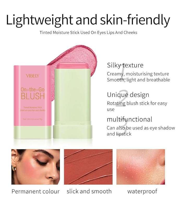 Multi-Use Makeup Blush Stick, Cream Blush Stick, Tinted Solid Moisturizer Stick for Cheek & Eyes & Lips, Waterproof Natural Nude Makeup, Suitable for All Skin (3#Coral Orange)-VivaGrace Women