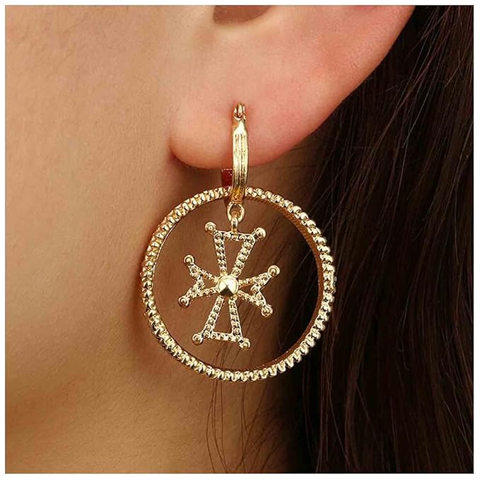 Punk Circle Cross Earrings Gold Circle Drop Dangle Earrings Brass Geometric Earrings Modern Chunky Drops Earrings Jewelry for Women and Girls Gifts-VivaGrace Women