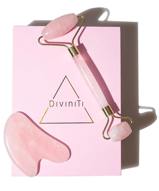 Rose Quartz Face Roller and Gua Sha Set - Face Roller Skin Care - Jade Roller and Gua Sha and Jade Roller for Face Rollers for Women Gifts - Rose Quartz Roller for Face Massage Roller DiviniTi-VivaGrace Women