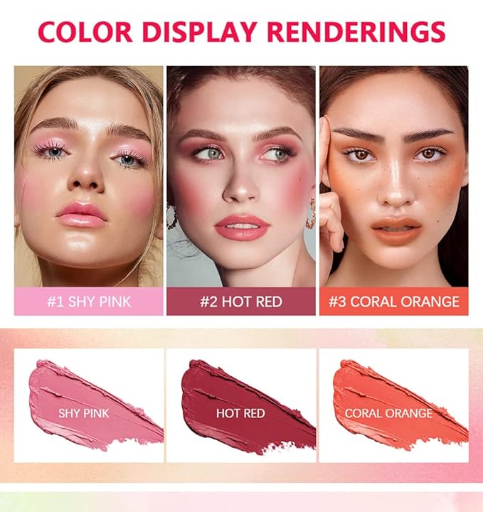 Blush Rare Beauty Liquid Blush Cream Blush Stick For Cheeks Natural Blendable Powder Blusher Stick On The Go Blush Brushes For Makeup Cheeks,Natural Waterproof, Long Lasting (3PC)-VivaGrace Women