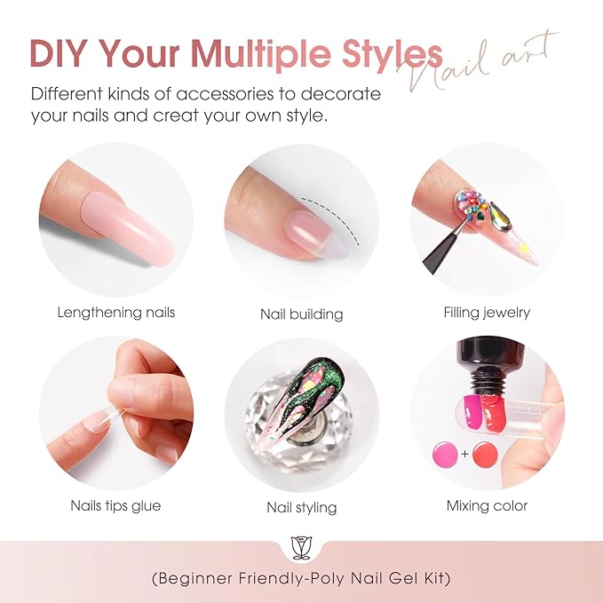 ROSALIND 12PCS Pink Brown Poly Nail Gel Kit with Mini Nail Lamp White Glitter Pink Poly Extension Gel Set-VivaGrace Women