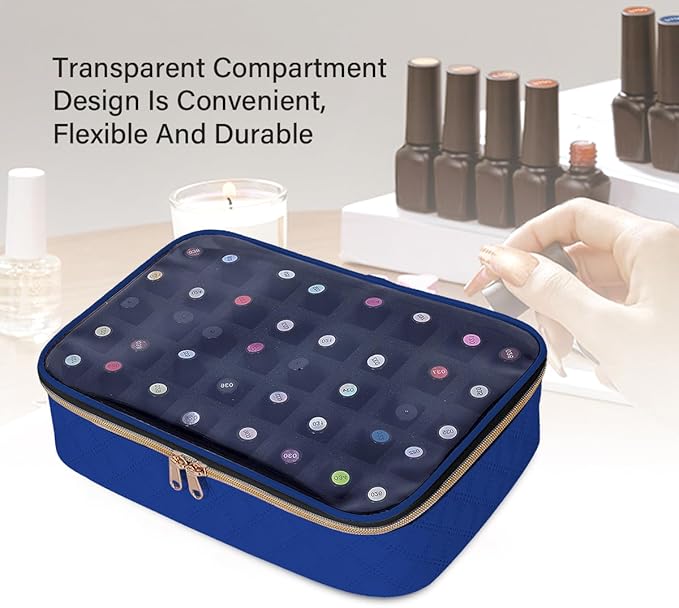 Nail Polish Bag organizer-Holds 40 bottles(15ml-0.5fl.oz)，Nail Polish Carrying Case Clear Multifunctional Cosmetic Travel Cases Makeup Bags DarkBlue