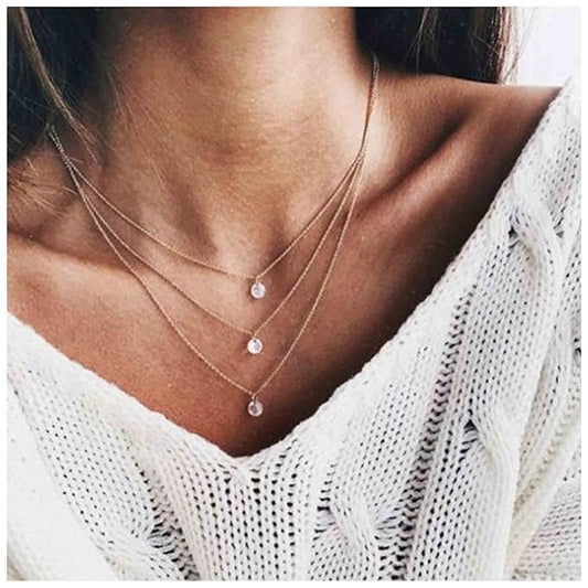 Boho Layered Crystal Necklace Choker Gold Bezel Pendant Necklace Multi Layering Vintage Necklace Chain Cz Bridal Necklace Chain Jewelry for Women and Girls-VivaGrace Women