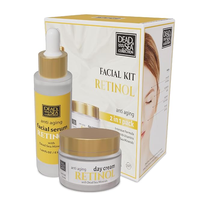Dead Sea Collection Facial Kit Retinol - Day Cream (1.69fl.oz/50ml jar) & Facial Serum (1.69fl.oz/50ml bottle) - Pure Dead Sea Minerals - Anti-Wrinkle Hydration Smooth and Moisturized Skin-VivaGrace Women
