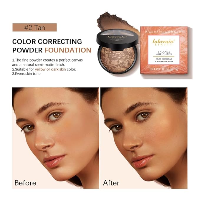 Baked Brighten Foundation, Coror Correcting Baked Balance Foundation,Buildable Coverage, Lightweight Powder Foundation, Creates a Perfect Canvas and a Natural Semi-Matte Finish(02# Tan)-VivaGrace Women