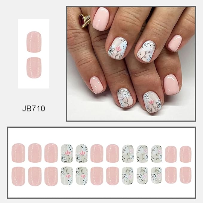 Pink Flower Press on Nails Short Square Fake Nails Cute Floral False Nails Full Cover Glue on Nails Artificial Acrylic Stick on Nails Spring Nude Pink Fake Nails for Women Manicure Kit 24Pcs
