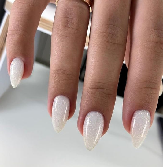 KQueenest Glitter Cat Eye Press on Nails Short Almond with UV Coating, Thick Cute Gel Nails Press on, Gloss Acrylic Fake Nails Glue on with Bling Designs - 30 Reusable False Nails, White Sparkle