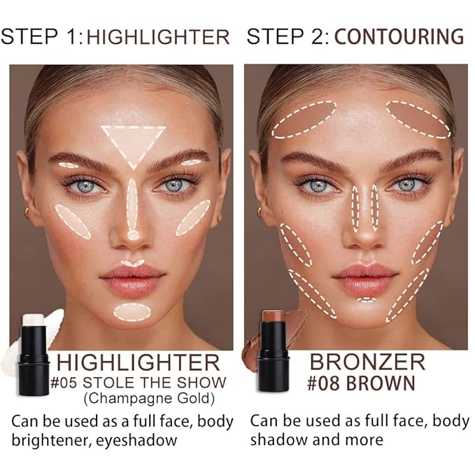 evpct 2Pcs Face Cream Contour Sticks Makeup Highlighter Highlight Brown Creme Cheek Contour Sticks contorno en crema Bronzer Bronzing Foundation Stick Kit Powder Shadow Shading Face Contour 05&08-VivaGrace Women