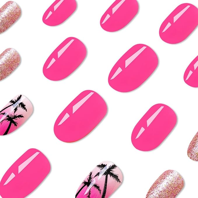 Coconut tree Press on Nails Medium Almond Fake Nails with Design Rose Gold Glitter Glue on Nails Glossy Spring Nails Reusable Pink Gradient Summer False Nails for Women Girls Manicure 24pcs