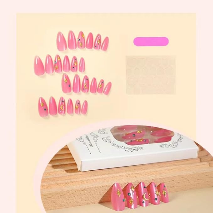 Pink Press on Nails Medium Almond Fake Nails Rhinestone False Nails with Design Star Moon Glue on Nails Glossy Acrylic Full Cover Reusable Shiny Glitter Stick on Nails for Women Girls Manicure 24pcs