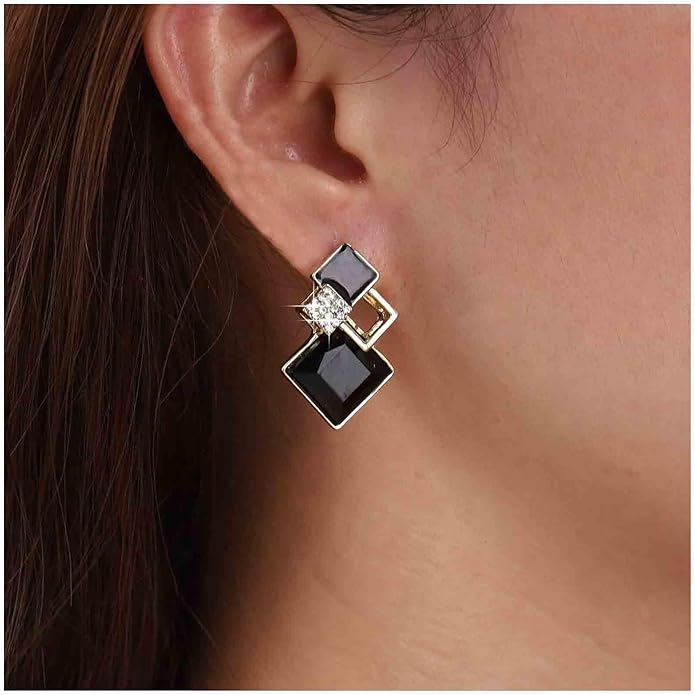 Vintage Crystal Square Drop Earrings Black Square Stud Earrings Gold Hollow Square Dangle Earrings Black Onyx Square Earrings Jewelry for Women-VivaGrace Women