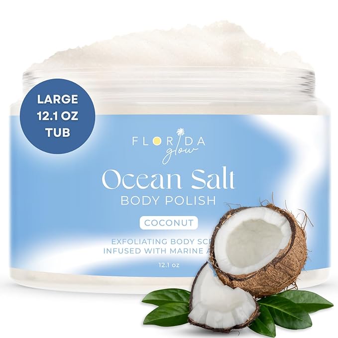 Sea Salt Body Scrub by Florida Suncare - Ocean Salt Body Polish Infused with Marine Algae - Exfoliating Face and Body Scrub - Facial Scrub Exfoliator to Tackle Acne and Scars (Coconut, 12.1 oz)-VivaGrace Women