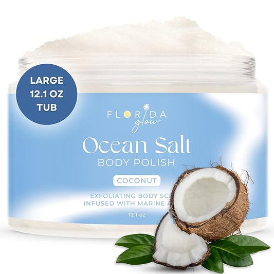 Sea Salt Body Scrub by Florida Suncare - Ocean Salt Body Polish Infused with Marine Algae - Exfoliating Face and Body Scrub - Facial Scrub Exfoliator to Tackle Acne and Scars (Coconut, 12.1 oz)-VivaGrace Women