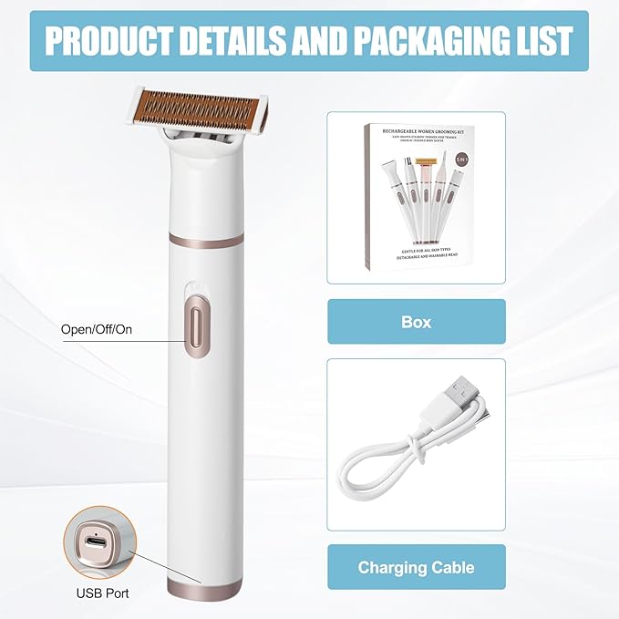 Women Face Epilator, 5 in 1 Epilator Hair Removal for Women, Electric Rechargeable Facial Hair Divice for Face,Lip,Chin with 5 x Replacement Heads, Nose Trimmer for All Skin Types-VivaGrace Women