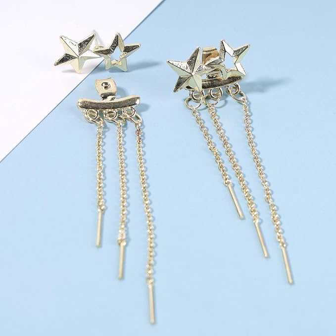 Boho Star Ear Jacket Earrings Gold Thin Bar Tassel Earrings Long Drop Chain Earrings Two Way Double Sided Earrings Jewelry for Women and Girls-VivaGrace Women