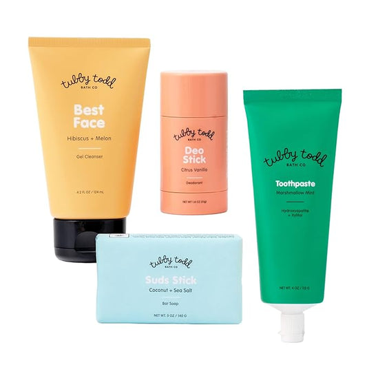 Tubby Todd Kids Sensitive Skincare Routine - The Kickstart Bundle - Gentle Bar Soap, Face Wash, Deodorant, Kids Toothpaste with Hydroxyapetite - Standard Size Scented-VivaGrace Women
