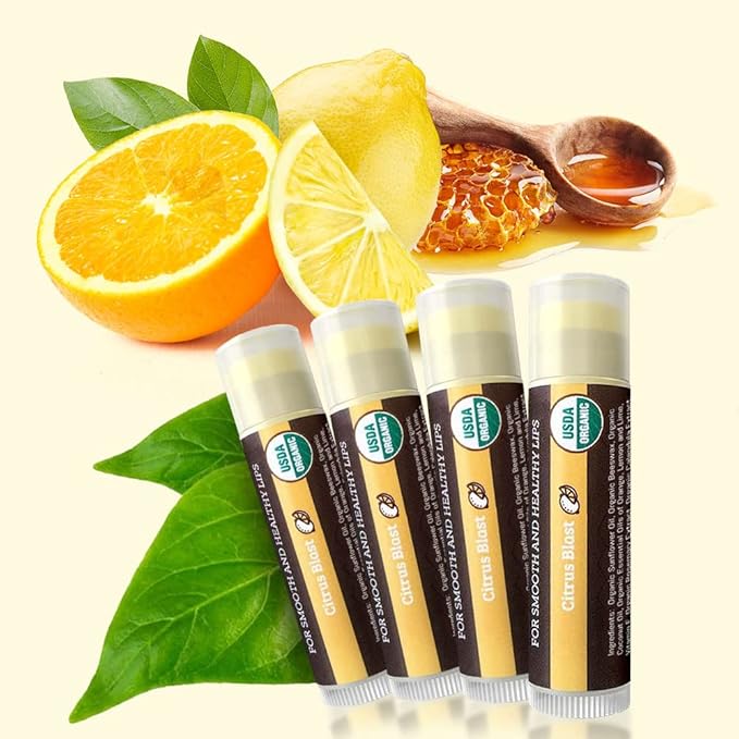 USDA Organic Lip Balm 4-Pack by Earth's Daughter - Citrus Flavor, Beeswax, Coconut Oil, Vitamin E - Best Lip Repair Chapstick for Dry Cracked Lips.-VivaGrace Women
