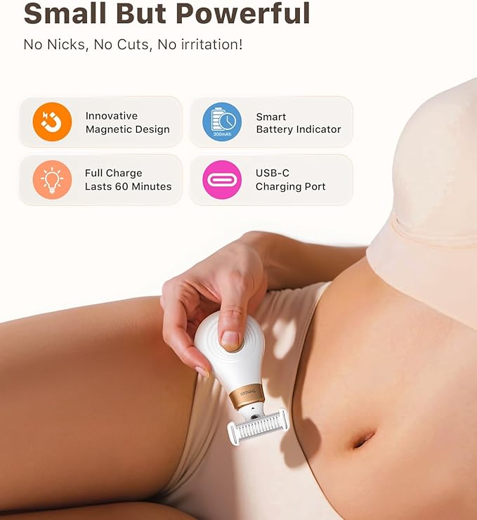 Mini Bikini Trimmer for Women - Intimate Pubic Hair Removal, Electric Body Groomer, Small Portable Wet/Dry Shaver, Magnetic Blade, USB-C Rechargeable with Travel Case, Easy to Clean (White)-VivaGrace Women