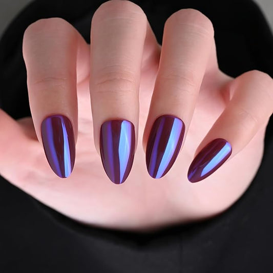 Chrome Press on Nails Short Almond, Purple-Blue Press on Nails Almond, Fashion Gel Fake Nails, Reusable Glossy Stick on Nails for Women, Glue on Nails Kit,15 Sizes - 30Pcs