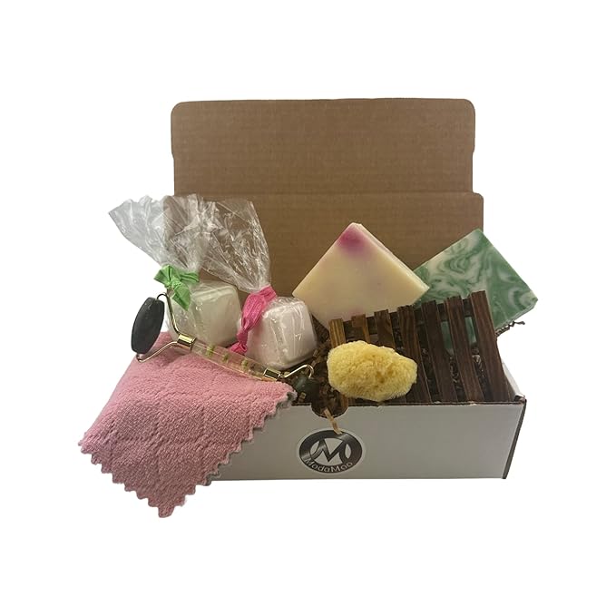 ModaMoo's Day Spa Gift Box Set. Cucumber Melon and Asian Tea Blossom Soaps, Jade Roller, Sea Sponge, and More-VivaGrace Women