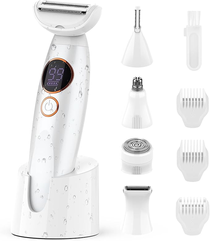 5 in 1 Bikini Trimmer for Women,IPX7 Waterproof Cordless Replaceable Pubic,Eyebrow,Facial Electric Razors&Nose Hair Trimmer&Painless Body Shaver for Arms Legs Underarms,USB Charge,LED Display,Wet&Dry-VivaGrace Women