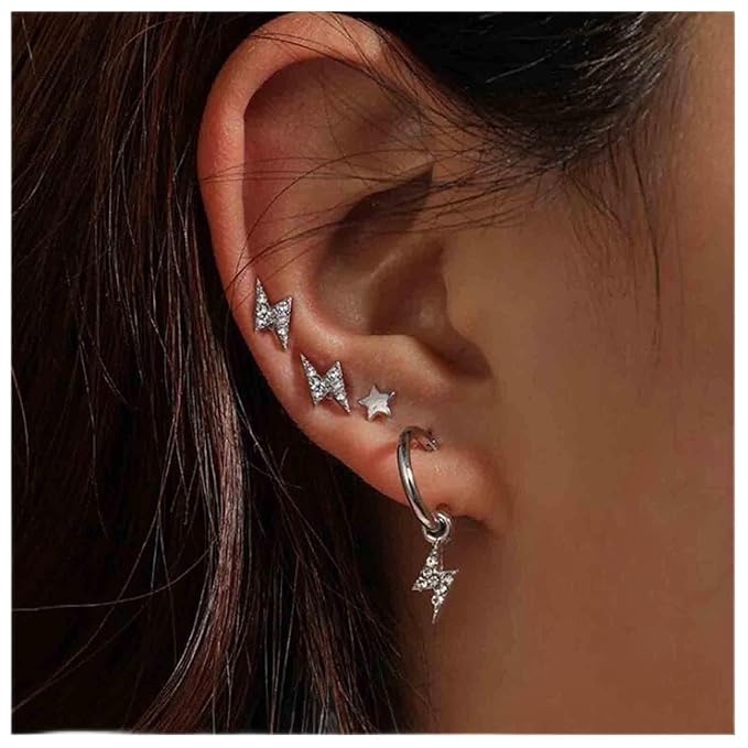 Bohemia Crystal Thunder Hoop Earrings Cz Lighting Bolt Studs Earrings Silver Lighting Drop Earrings Multiple Piecing Dot Earrings for Women and Girls-VivaGrace Women
