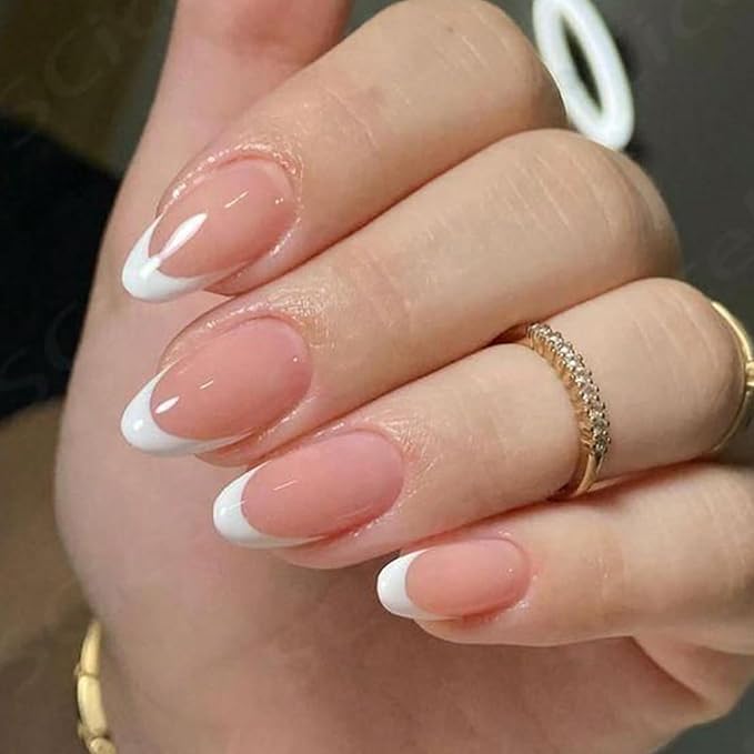 Short Nude Press on Nails Almond Fake Nails French Tip Glue on Nails Glossy Full Cover Stick on Nails White Glue on Acylic Nails for Women and Girls