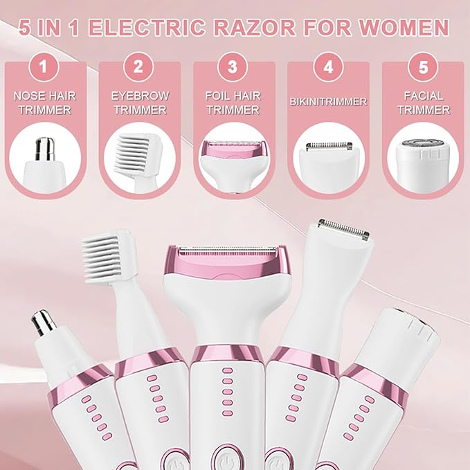 5-in-1 Electric Razor for Women - Bikini Trimmer with LED Display, Painless Hair Removal for Face, Nose, Eyebrows, Arms & Legs - Wet/Dry Rechargeable Shaver for Armpits & Pubic Area-VivaGrace Women