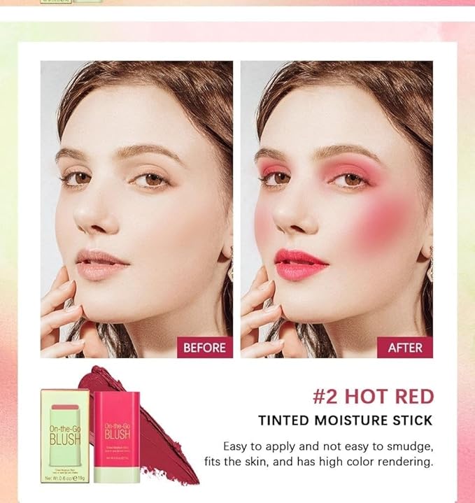 On-the-Go Makeup Blush Stick Tinted Moisture Stick, Shadow Lips Cheek Blusher Creamy Makeup Long Lasting Natural Nude Makeup for All Skin (red)-VivaGrace Women
