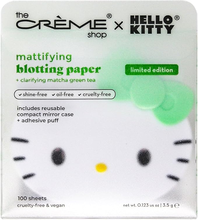 The Crème Shop x Hello Kitty Matcha Blotting Papers + Reusable Compact Mirror - Hello Kitty Collaboration for Oil Control and On-the-Go Touch-ups (Matcha Color Ribbon)-VivaGrace Women