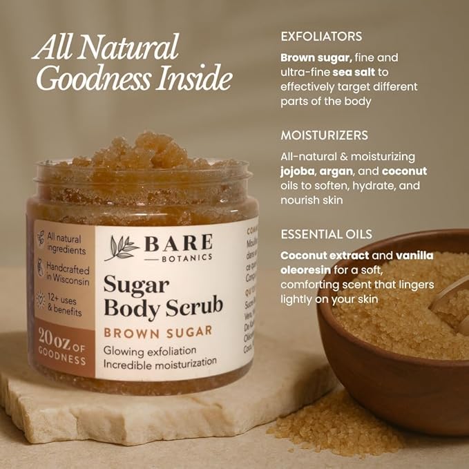 Bare Botanics Brown Sugar Body Scrub 20 oz - Naturally Scented Coconut Vanilla Sugar Scrub Made in Madison, WI - Formulated w/Skin Loving Moisturizers - Vegan, Cruelty Free w/a Cute Wooden Spoon-VivaGrace Women