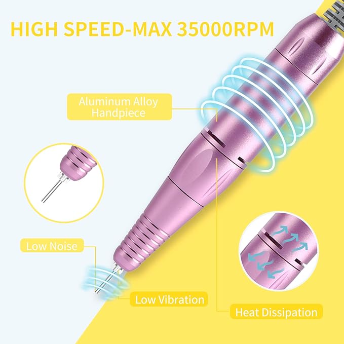 Portable Nail Drill Professional 35000 RPM, MOCOWIND Rechargeable Electric Nail File Machine for Acrylic Nails Gel Polishing, Cordless E-File with Bits Kit for Manicure Salon Home, Yellow & Purple-VivaGrace Women