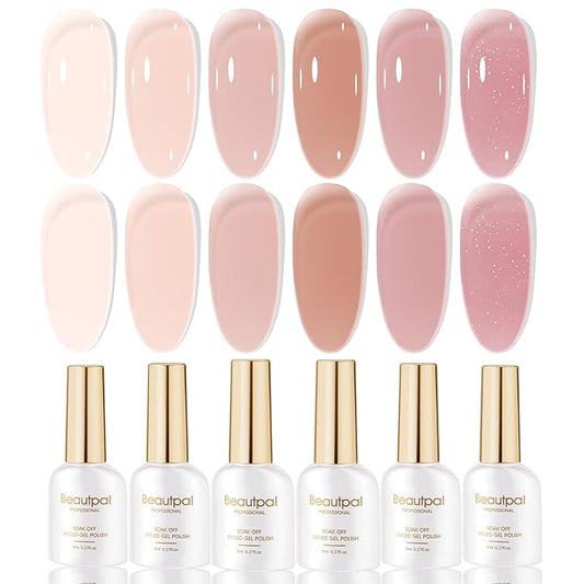 Beautpal Nude Gel Polish Set Milky Nude Sheer Pink Jelly Gel Polish Nail Kit Soak Off UV Translucent Nail Polish Gel 6PCS 8ml