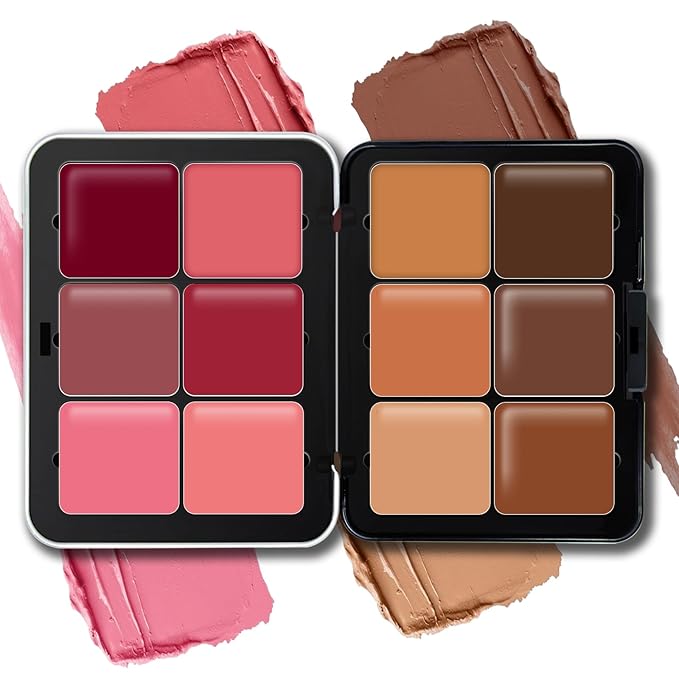 Cream Blush & Concealer Palette, 12 Colors, Long Wearing, Smudge Proof, Blendable Matte Finish, Face Makeup (02)-VivaGrace Women