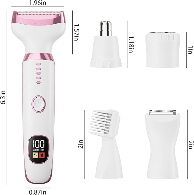 5-in-1 Electric Razor for Women - Bikini Trimmer with LED Display, Painless Hair Removal for Face, Nose, Eyebrows, Arms & Legs - Wet/Dry Rechargeable Shaver for Armpits & Pubic Area-VivaGrace Women