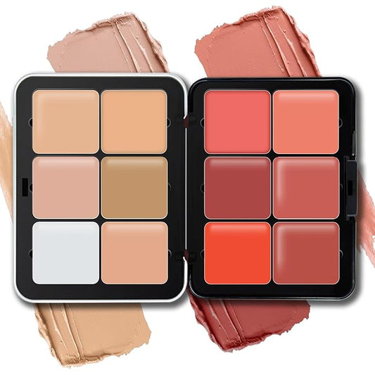 12 Colors Cream Blush Palette, Color Correcting Concealer Foundation Palette, Long Wearing Smudge Proof Blendable Matte Finish Blush Powder Highlighter and Cream Contour Palette Makeup (01)-VivaGrace Women