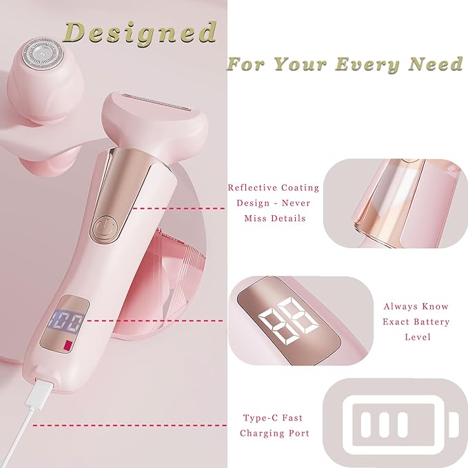Bikini Trimmer for Women 3 in 1 Body Shaver | No Nick Replaceable Dual Heads | Rechargeable Electric Razors for Pubic Hair with LCD Display | Women's Bikini Area, Face, Legs & Underarms Trimmer-VivaGrace Women
