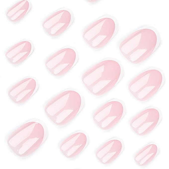 White French Tip Press on Nails Glitter Short Almond Fake Nails Glossy Design Sparkly False Nails Glue on Nails with Full Cover Acrylic Stick on Nails for Women Nails Manicure Decoration 24 Pcs
