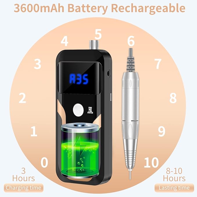 Portable Nail Drill Professional 35000 RPM, MOCOWIND Rechargeable Electric Nail File Machine for Acrylic Nails Gel Polishing Removing, Cordless E-File with Bits Kit for Manicure Salon Home, Black-VivaGrace Women