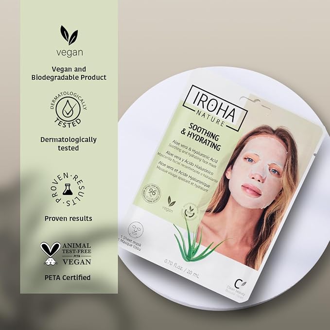 IROHA NATURE Comforting & Hydrating Tissue Face Mask with Aloe Vera | 15 Pieces | Aftersun Effect | 96% Natural Ingredients-VivaGrace Women