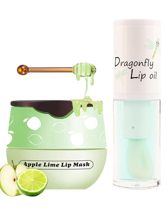 2Pcs Apple Lime Lip Bee Balm Honey Pot Lip Mask & Lip Glowy Oil Lip Gloss Care Set, Propolis Moisturizing & Nourish Lip Gloss Repair, Plump Dry Cracked Lip Scrub Exfoliator bálsamo para labios -Set D-VivaGrace Women