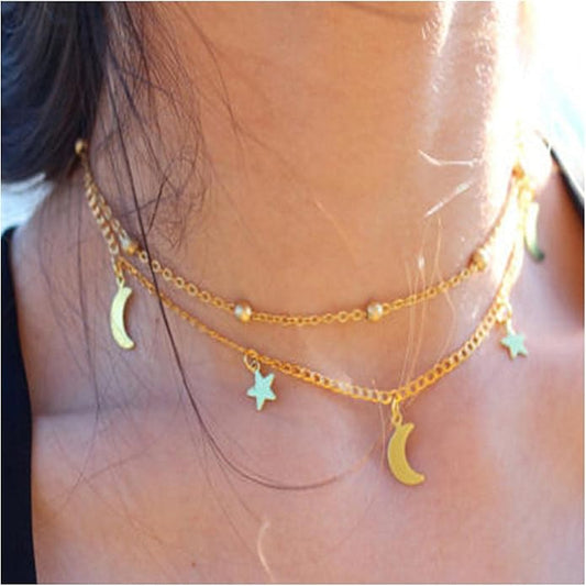 Boho Star Moon Necklace Choker Gold Layered Star Choker Necklace Crescent Moon Necklace Celestial Necklace Chain Festival Jewelry for Women and Girls-VivaGrace Women