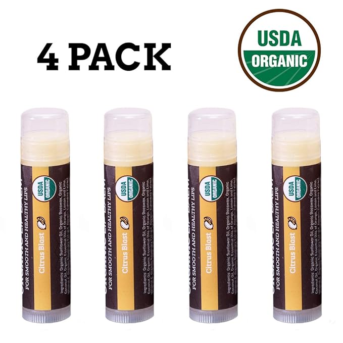 USDA Organic Lip Balm 4-Pack by Earth's Daughter - Citrus Flavor, Beeswax, Coconut Oil, Vitamin E - Best Lip Repair Chapstick for Dry Cracked Lips.-VivaGrace Women