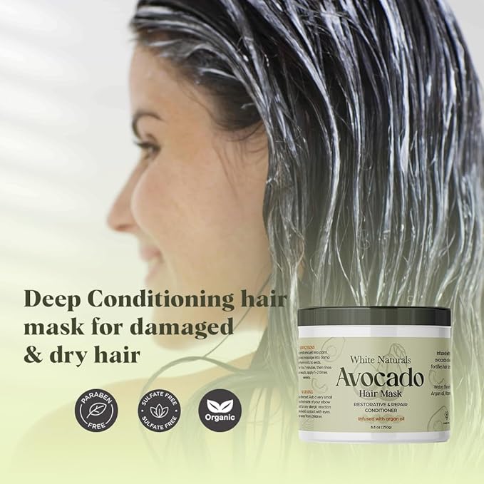 White Naturals Avocado Hair Mask Infused with Biotin for Growth and Volume, Deep Conditioning Cream for Healthy Hydrated Thick Hair, Nourishing Avocado Oil Cream to Help Restore Damaged Tips-VivaGrace Women