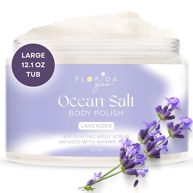 Sea Salt Body Scrub by Florida Glow - Ocean Salt Body Polish Infused with Marine Algae - Exfoliating Face and Body Scrub - to Tackle Acne and Scars for Smooth Soft Skin (Lavender, 12.1 oz)-VivaGrace Women
