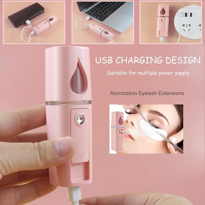 Nano Facial Mister Portable Mist Sprayer with Mirror Mini Cool Mist Spray for Skin Care & Facial Body Moisturized & Eyelash Extensions, USB Rechargeable (Pink)-VivaGrace Women